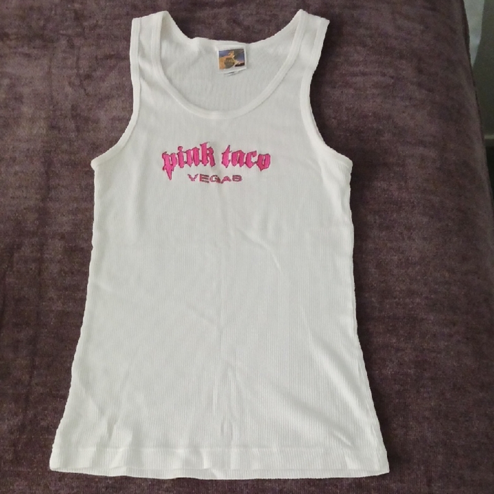 White Ribbed Tank with Pink Taco Vegas Logo